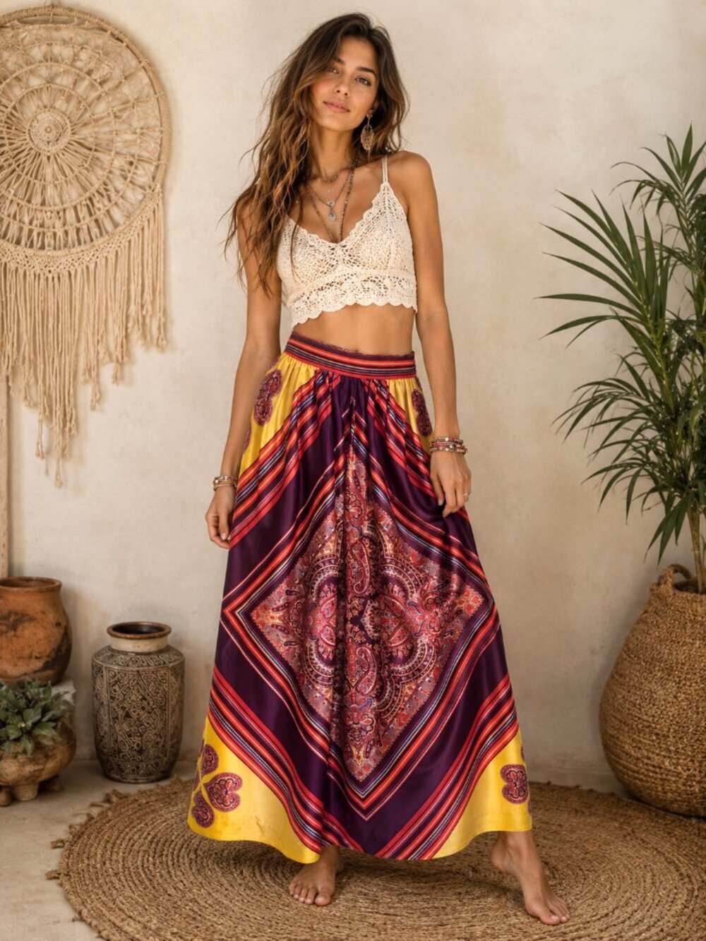 Kay Silver Vintage 70s Geometric Print Maxi Skirt S